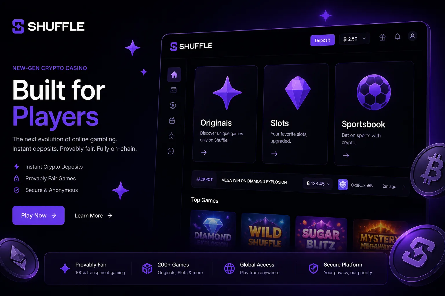 Shuffle platform overview with Originals, Slots, and Sportsbook