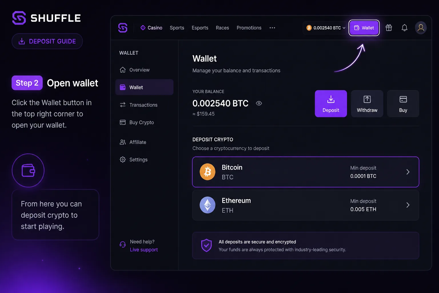 Shuffle wallet deposit screen preview