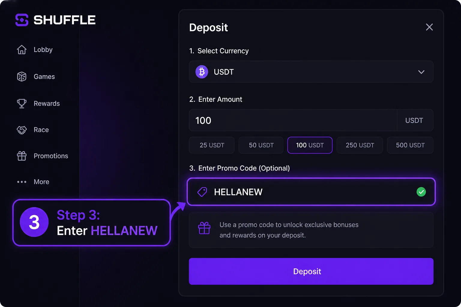Entering HELLANEW promo code on deposit screen