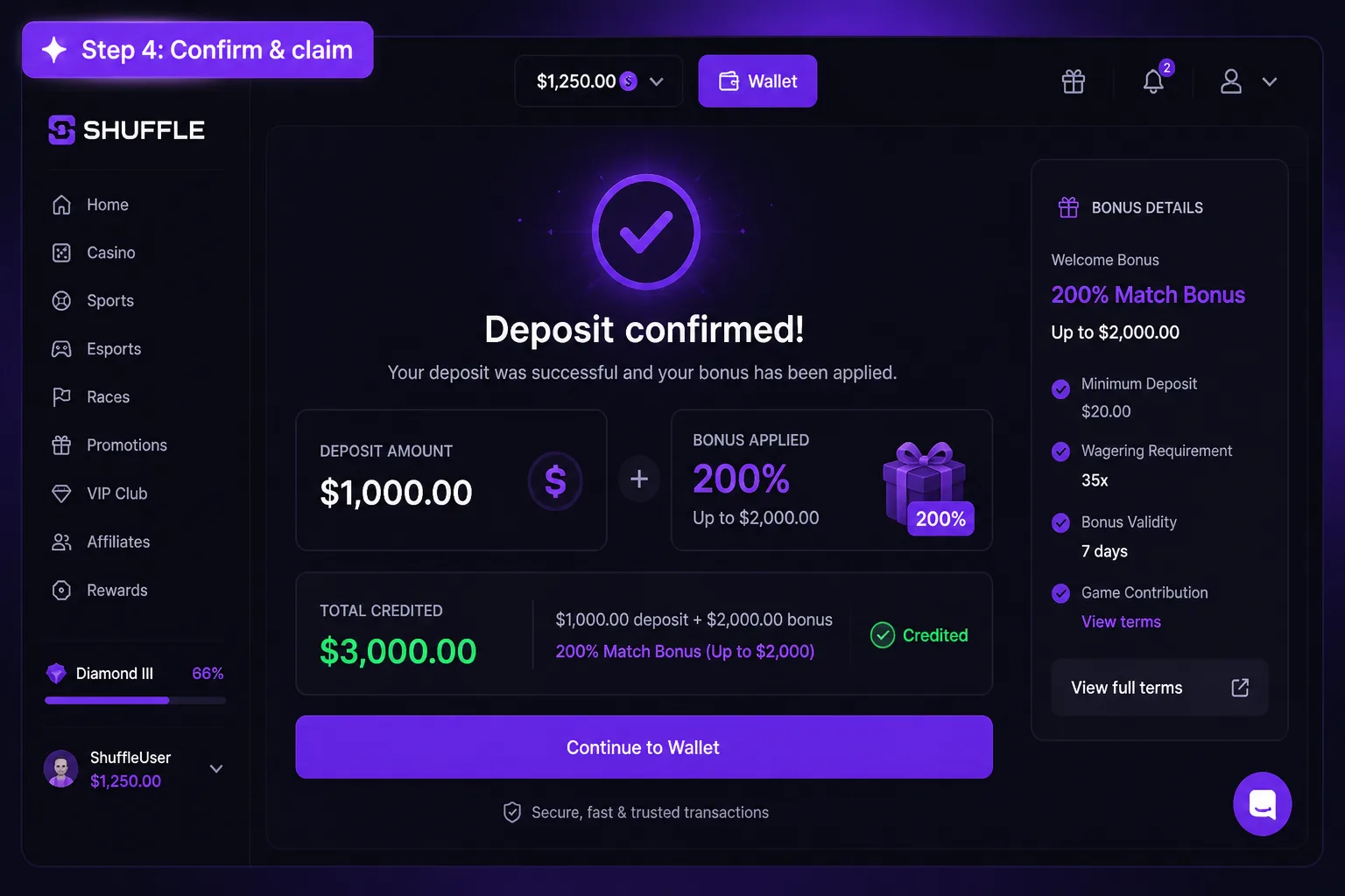 Shuffle deposit confirmed with 200% bonus credited